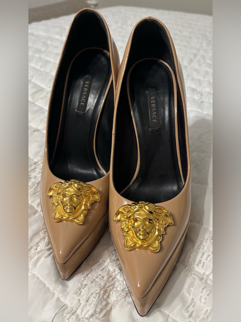 Versace Nude Patent Platform Pumps with Gold Medusa Emblem